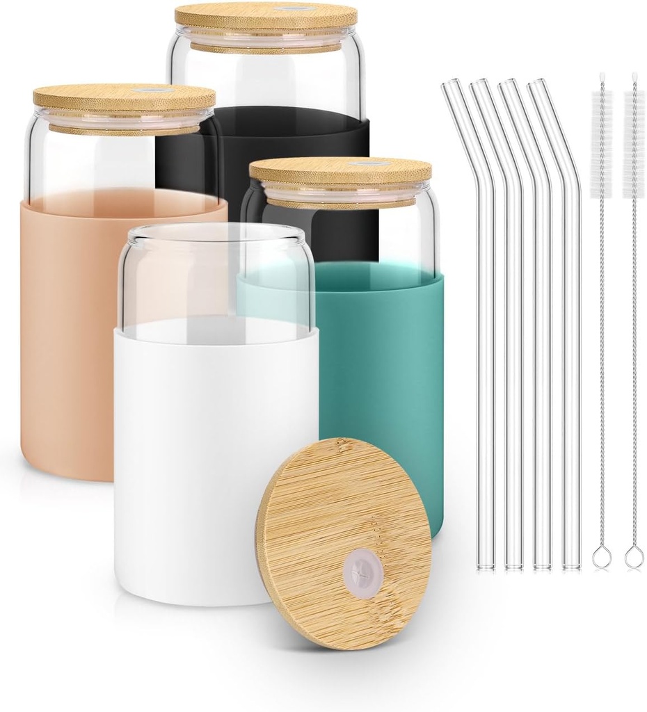 sungwoo Glass Cups with Lids and Straws, 4 Pack 16OZ Iced Coffee Cups with Silicone Sleeve, Glass Tumbler with Straw and Bamboo Lid, Home Essential Drinking Set for Juice, Cocktail and Latte 4 Colors