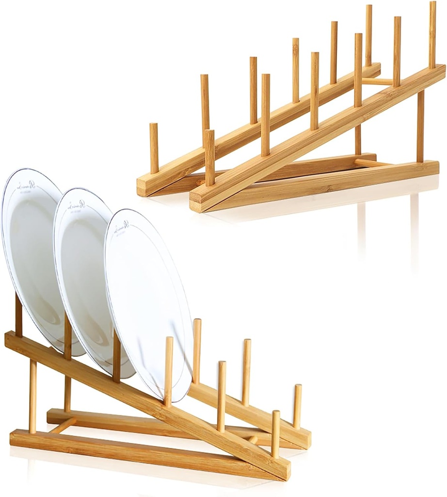 2 PCS Wooden Dish Rack Bamboo Plate Rack, Pot Lid Holder Display Shelf Dish Drying Rack Kitchen for Cup, Cutting Board, Bowl, Plate,Pot Lid