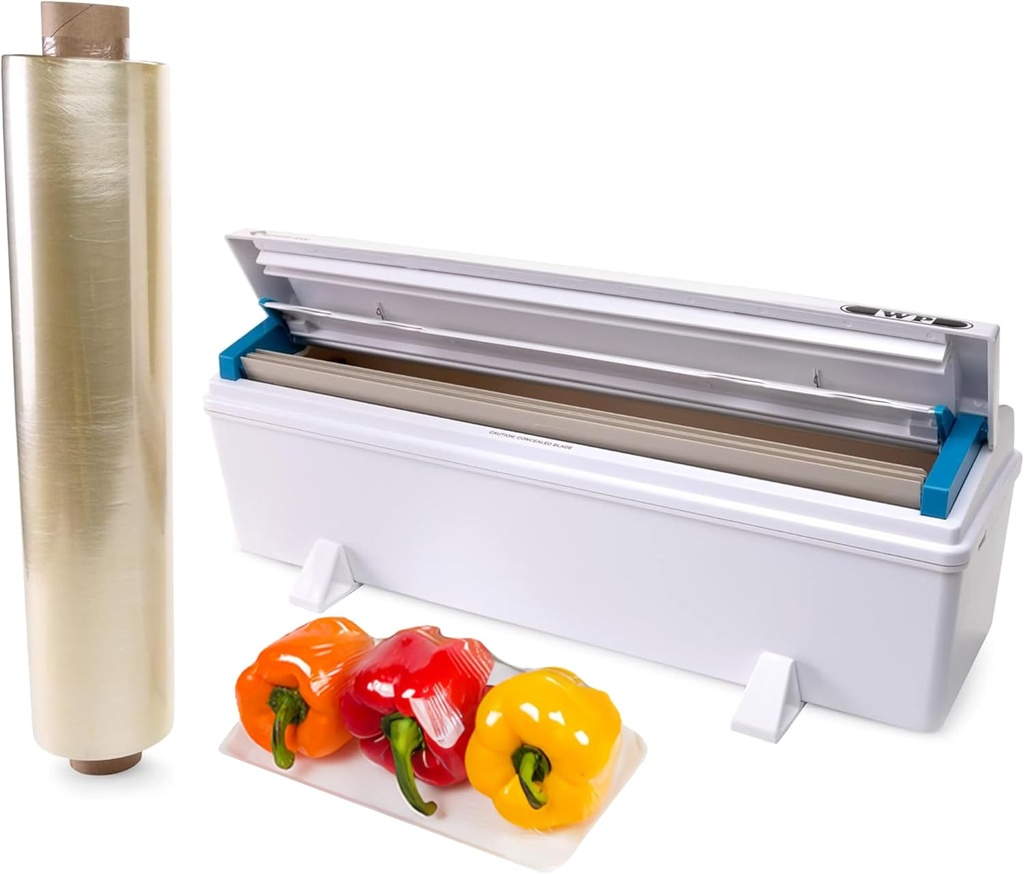 IDL Packaging WP-180D 18" WrapMaster Dispenser with 18" x 2000' Food Film Roll - New Press-Cutter with Sharp Serrated Blade - 10X Longer Service Life with Durable Plastic Body