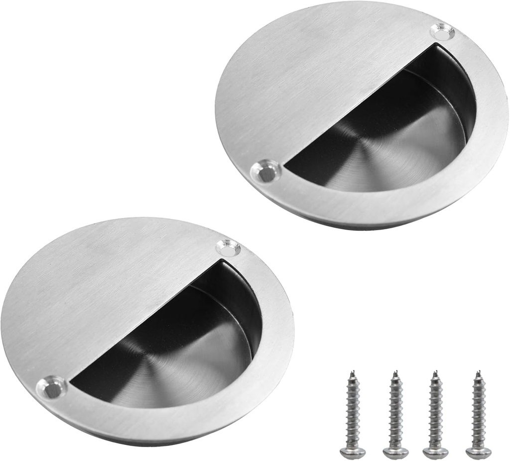 2PCS Round Hidden Concealed Door Pulls, Stainless Steel Recessed Sliding Barn Door Handles, Brushed Nickel Flush Finger Cabinet Drawer Knob, 90MM/3.54 Inch OD