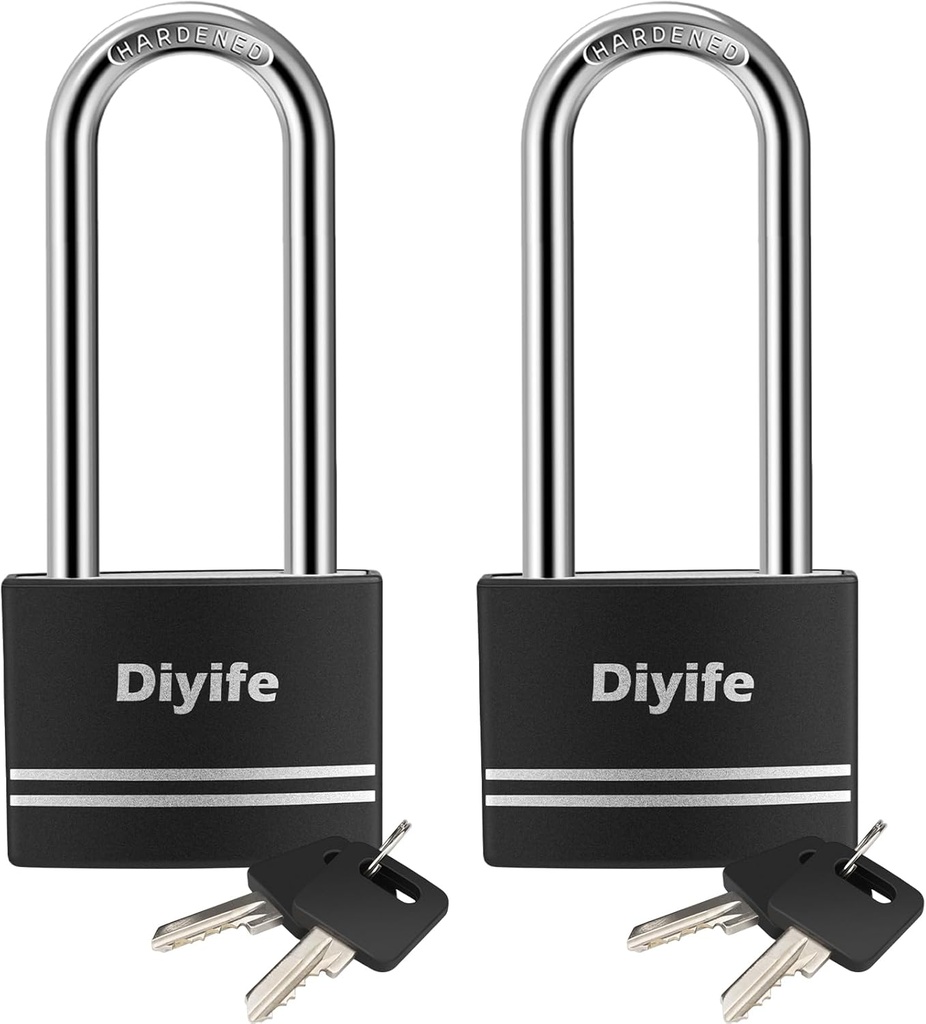 Diyife Padlock with Key, [2 Pack] [Waterproof] Lock with Key, Long Shackle Padlocks for Outdoor Anti-Rust, Small Covered Aluminum Padlock with 4 Alike Keys for Gym Locker, Fence, Shed