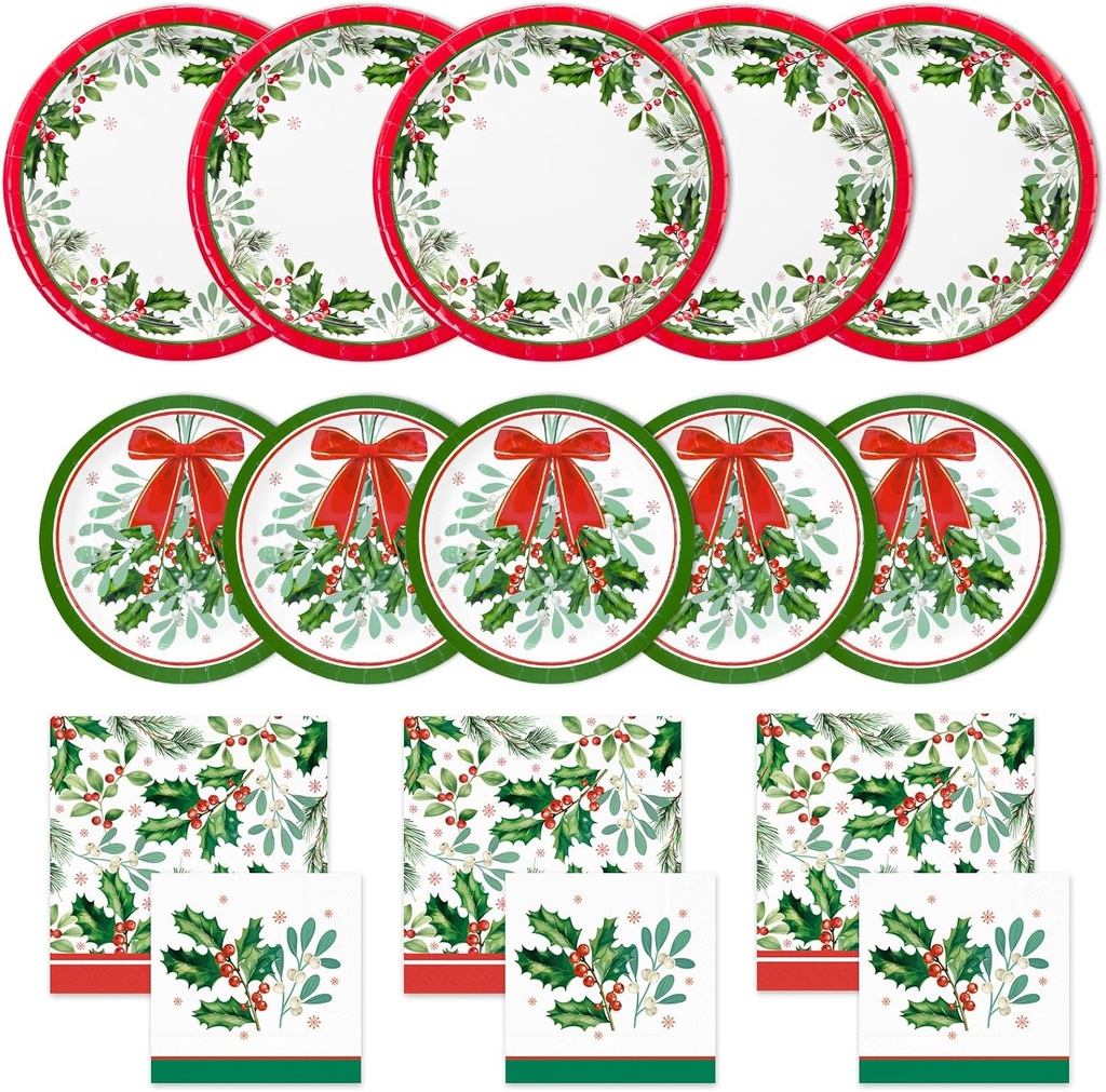 Holly Jolly Party Supplies 200 Count, Mistletoe Disposable Dinnerware Set - Dinner Plates, Dessert Plates, Luncheon & Dessert Napkins for Merry Christmas Decorations