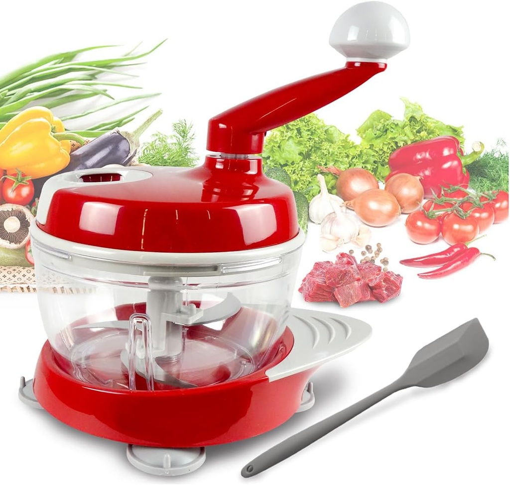 Versatile Hand-Cranked Food Processor - Manual Chopper, Meat Grinder Vegetable Chopper, Slicer Spinner Dicer for Salad, Fruits, Nuts, Herbs, and Onions - Includes Stable Base