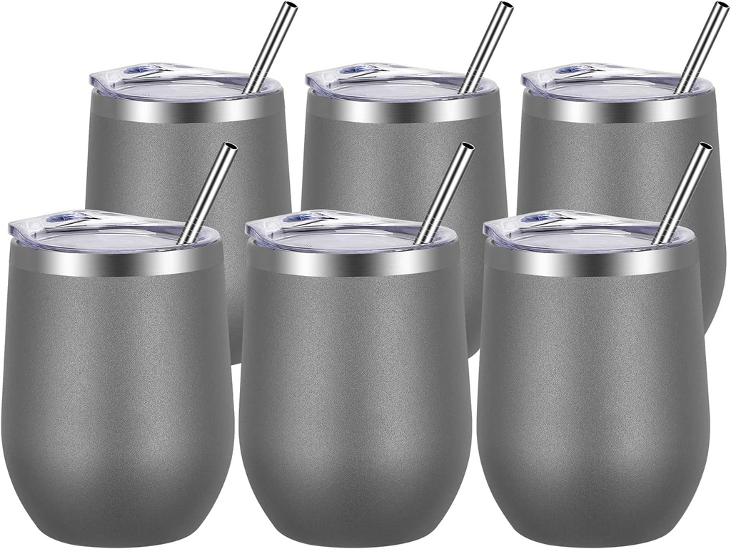 VEGOND Wine Tumblers Bulk 6 Pack, 12oz Stainless Steel Stemless Wine Glass with Lids and Straws, Double Wall Vacuum Insulated Tumbler Cup, Coffee Mug for Cold Hot Drinks
