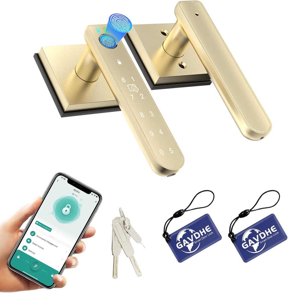Gold Fingerprint Door Lock Smart Finger Print Door Knob Keyless Bedroom Door Lock with Keypad App Control Easy Installation for Home Bedroom Office,2 Fob Cards
