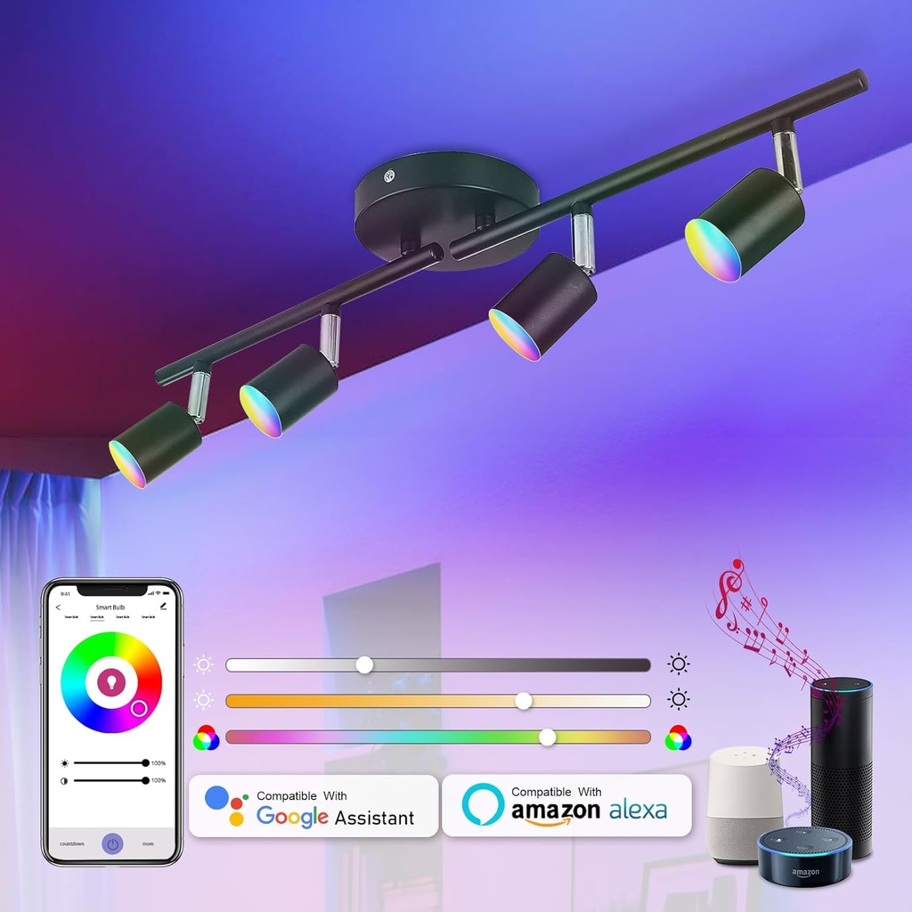 CANEOE Smart 4-Light Black Led Track Lighting Fixtures,16 Million RGB Color Changing Ceiling Track Light Work with Alexa/Google Home/App, Ceiling Spotlight for Kitchen, Living Room, Bedroom, Bar