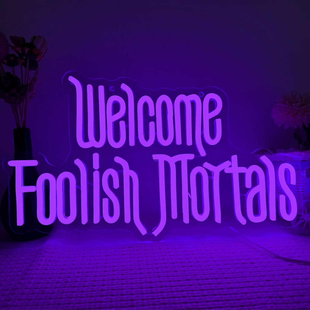 Welcome Foolish Mortals Neon Sign,Dimmable Spooky Gothic Haunted Mansion Decor Coffin LED Neon Signs for Wall Decor,USB Powered Led Neon Light for Party Haunted House Man Cave Birthday Christmas Gifts(16.1*9.4in) (Purple)