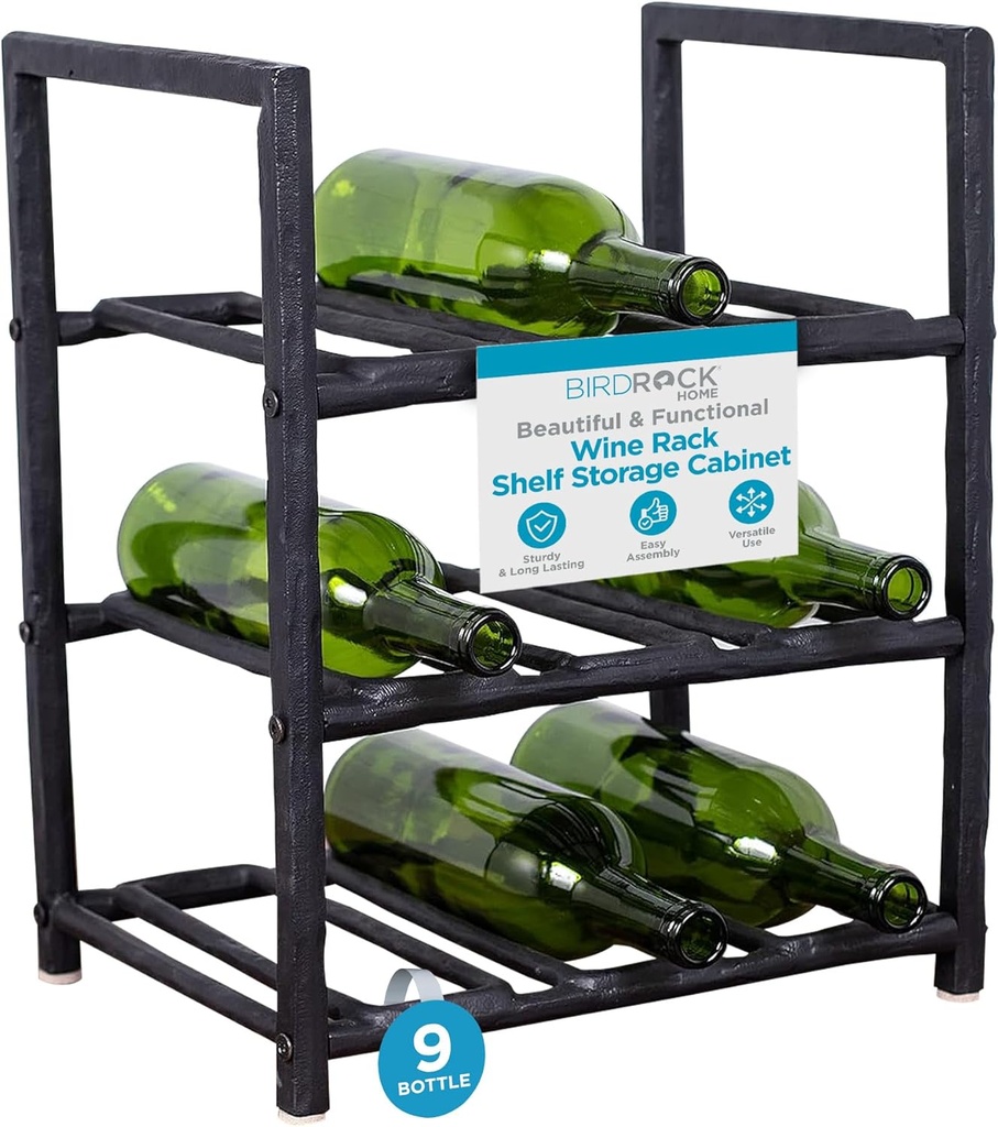 BIRDROCK HOME Wine Rack - Free Standing Stand - Forged Aluminum Metal - Kitchen Countertop - Black - Vertical Shelf Storage Cabinet - Holder (9 Bottle)