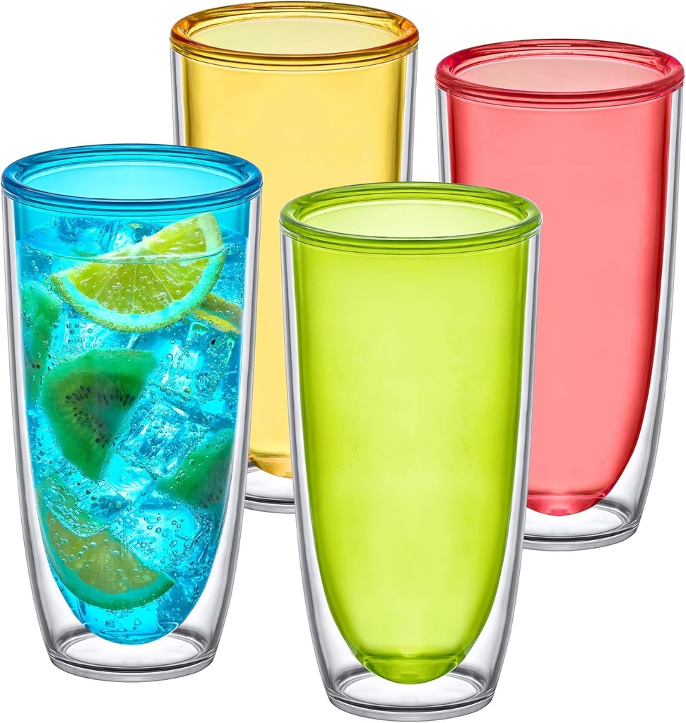 Amazing Abby - Andes - 20-Ounce Insulated Plastic Tumblers (Set of 4), Double-Wall Plastic Drinking Glasses, Mixed-Color Reusable Cups, BPA-Free, Shatter-Proof, Dishwasher-Safe
