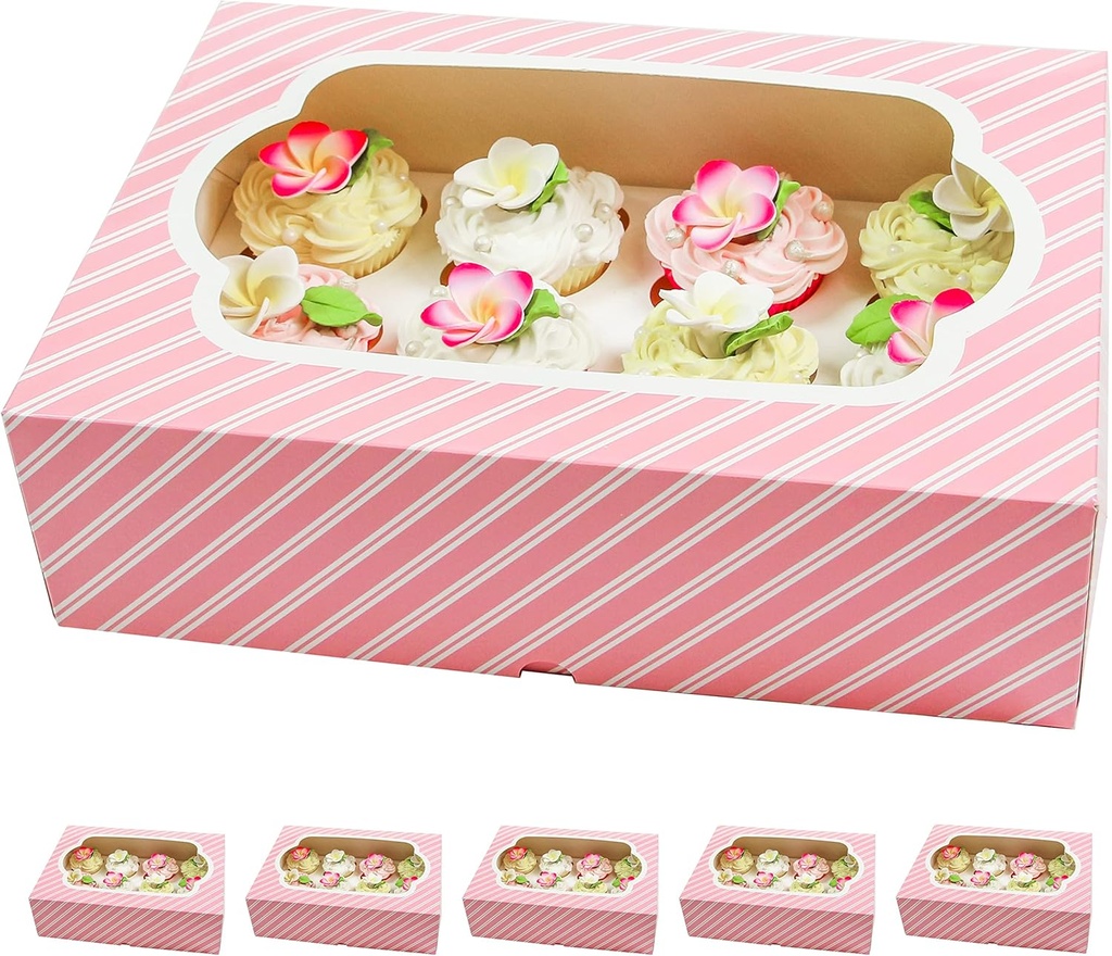 Global Sugar Art Auto-Popup Quarter Sheet Cake & Cupcake Box with Window and Cupcake Insert, Pink Striped 14 x 10 x 4 Inches, 5 Count