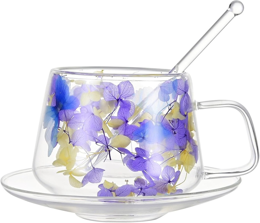 Double Glass Cup and Saucer Set,Dried Flowers Glass Teacup with Saucer Set,Romantic Dried Flowers Cup with Handle,Floral Coffee Mug for Home Office,Double Layer Coffee Mug
