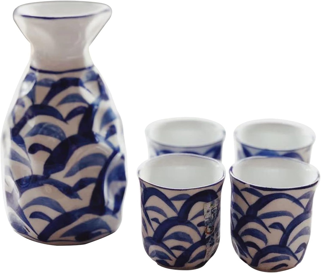 Sake Set, Saki Cups，Crafts Cup Ceramic Sake Set， Sake Set Japanese Sake Pot Set Traditional Sake Cup Hand Painted Design Porcelain Pottery Ceramic Crafts Wine Glasses Saki Cups 5 Piece,Jasmine (Color
