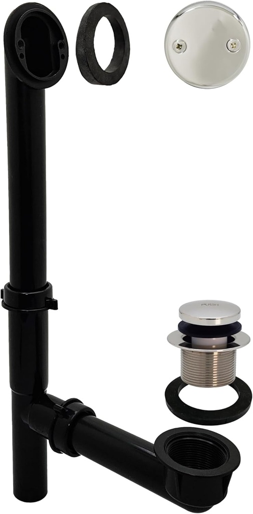 Westbrass Y593144-05 14" Black Tubular Bath Waste & Overflow Assembly with Tip-Toe Drain Plug and Two-Hole Faceplate, Polished Nickel