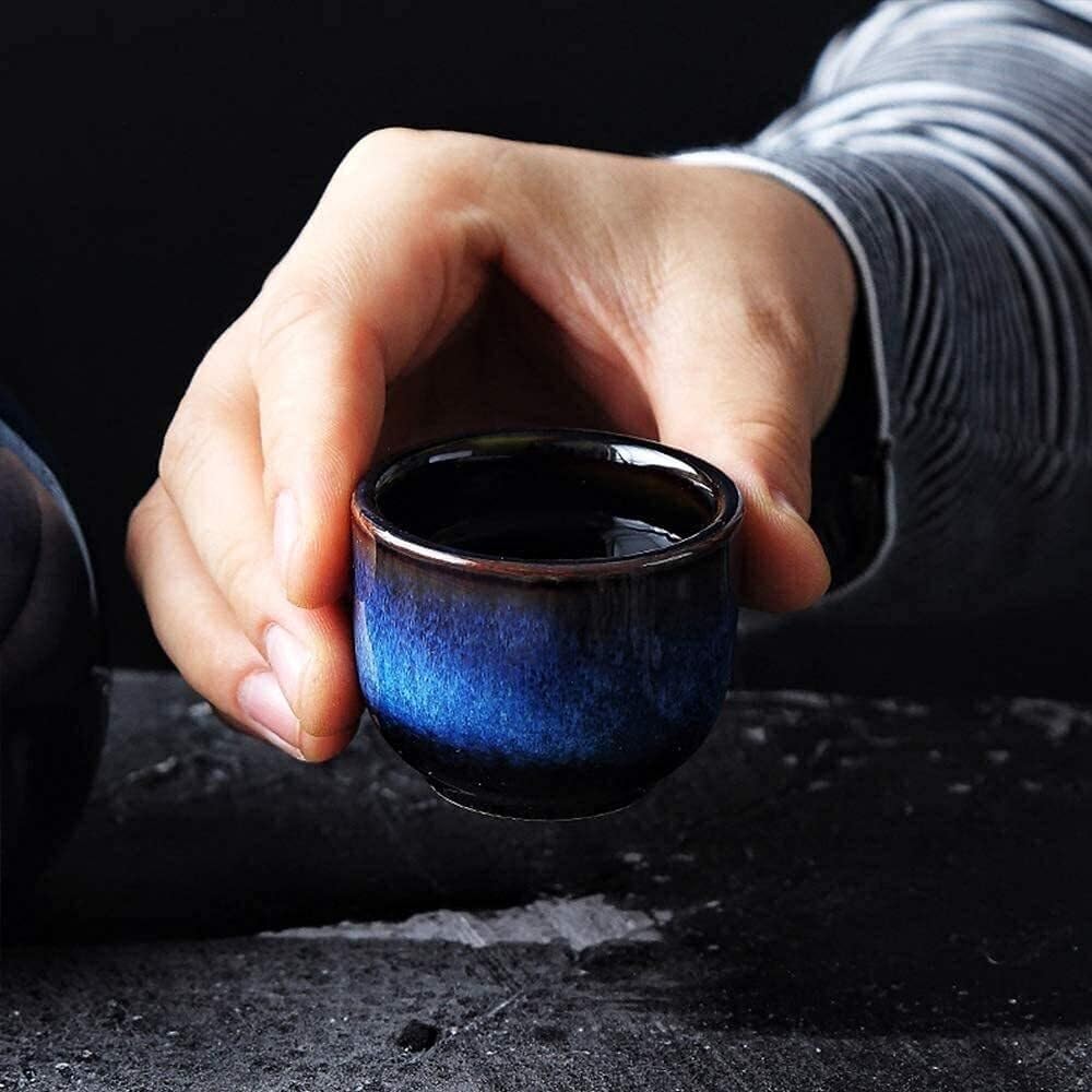 5-Piece Japanese Sake Set, Navy Blue Ceramic Wine Glasses, Warm/Cold Sake Service, Gift Set