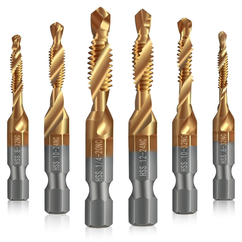 Junreox 6 Pack Combination Drill and Tap Set, Professional HSS Titanium Thread Tap Drill Bit Set in SAE 6-32nc 8-32nc 10-32nc 10-24nc 12-24nc 1/4-20nc, Quick Change Screw Tapping with 1/4” Hex Shank