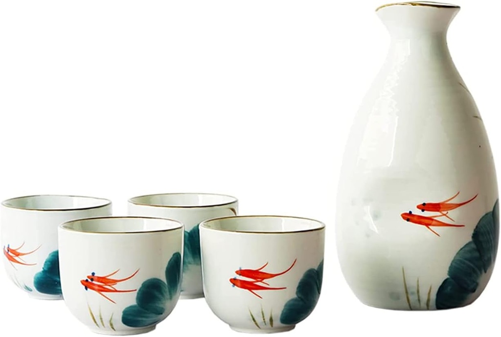 5 Pieces Sake Set, Traditional Hand Painted Goldfish Pattern Ceramics Sake Cup Set, with 4 Sake Cups, 1 Sake Pot Cups