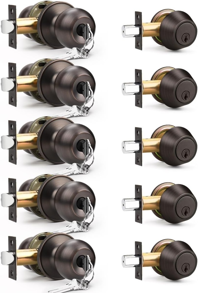 5 Pack Entry Door Locksets with Single Cylinder Deadbolt, Oil Rubbed Bronze Exterior Door Lock Set with Same Key, Front Roound Door Knob and Deadbolt Set