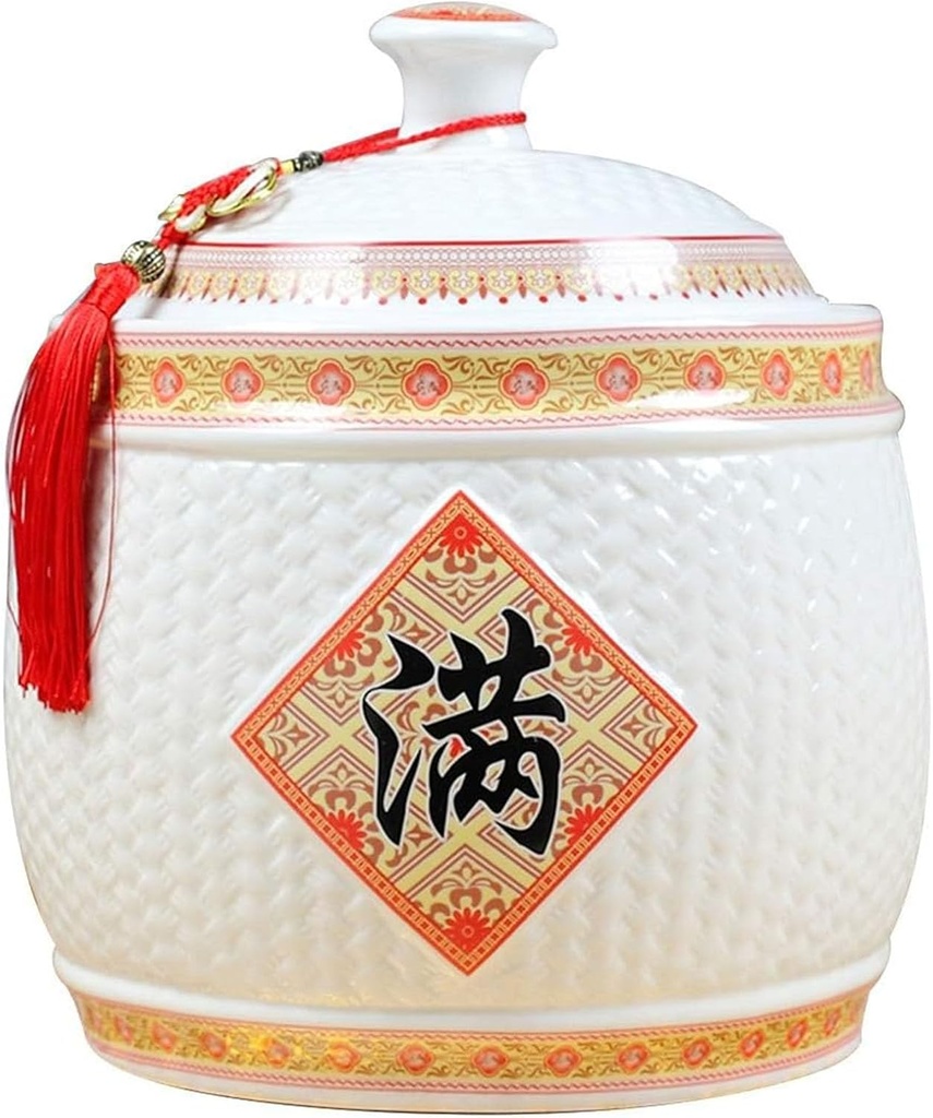 Chinese Ceramic Rice Bucket, Large Grain Dispenser, Food Storage Container with Lid, Sealed Rice Storage Jar for Noodles Rice Snacks(30x36cm(12x14inch), D)