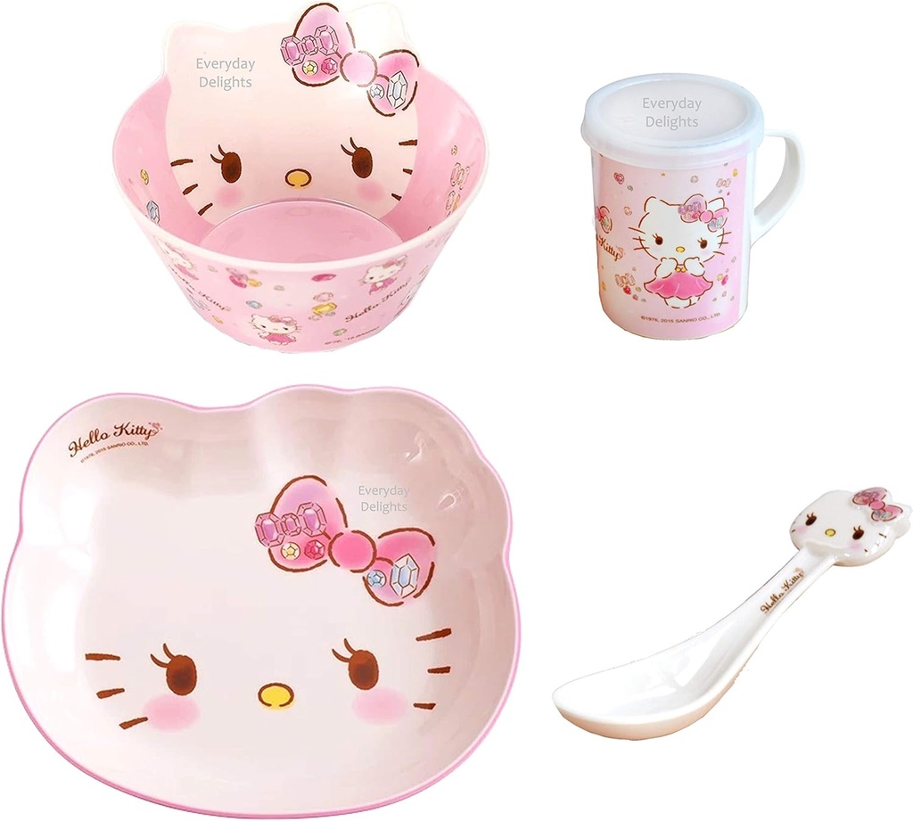 Hello Kitty Cute Pink Dinnerware Flatware Meal Set – Plate Bowl Cup Spoon, 4 pieces