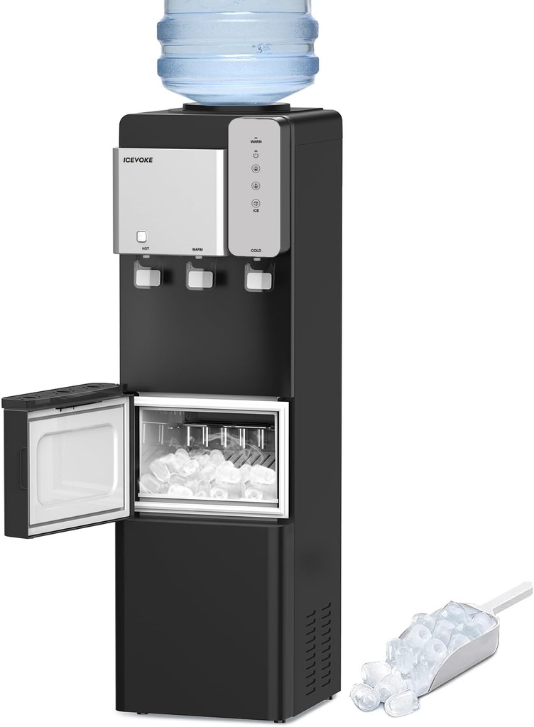 3 in 1 Water Cooler Dispenser with Ice Maker, Hot and Cold Water Dispenser for 3 or 5 Gallon Bottle, 27LBS/24H Ice Making, Child Safety Lock & Nightlight, Black