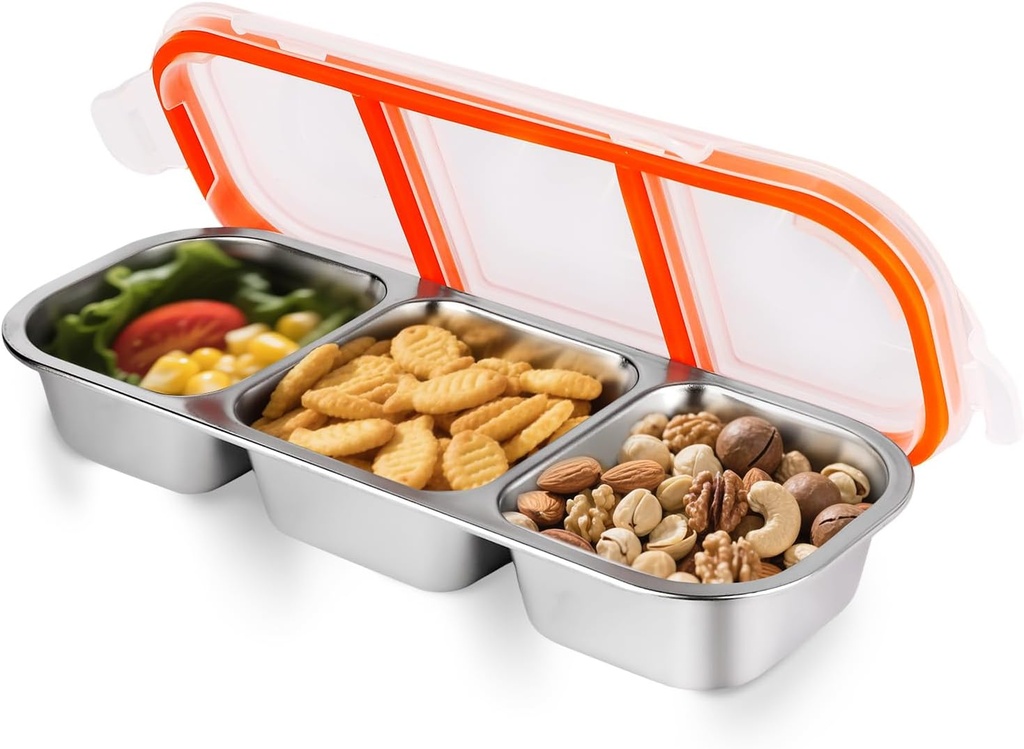 Stainless Steel Snackle Container For Adults, Reusable Bento Lunch Box Snack Containers,3 Compartment Divided Food For Home Work Travel