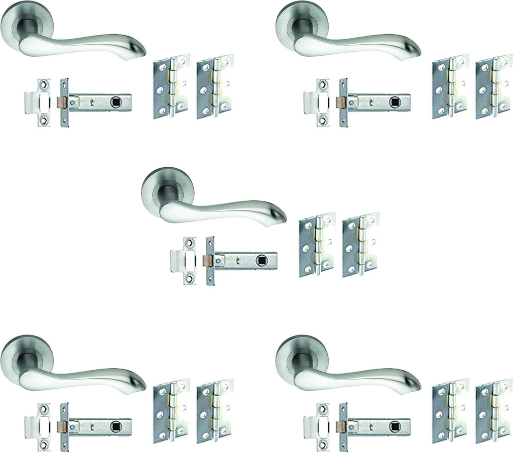 5 Set Internal 'Caris' Satin Chrome Lever on Rose Door Handles Pack Latch& Hinge