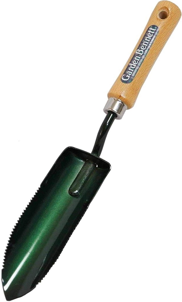 Garden Helper Narrow Garden Trowel Hand Tool, Garden Shovel Serrated Edge for Planting and Transplanting, Heavy Duty Japanese Steel Blade, Wood Handle, Made in Japan