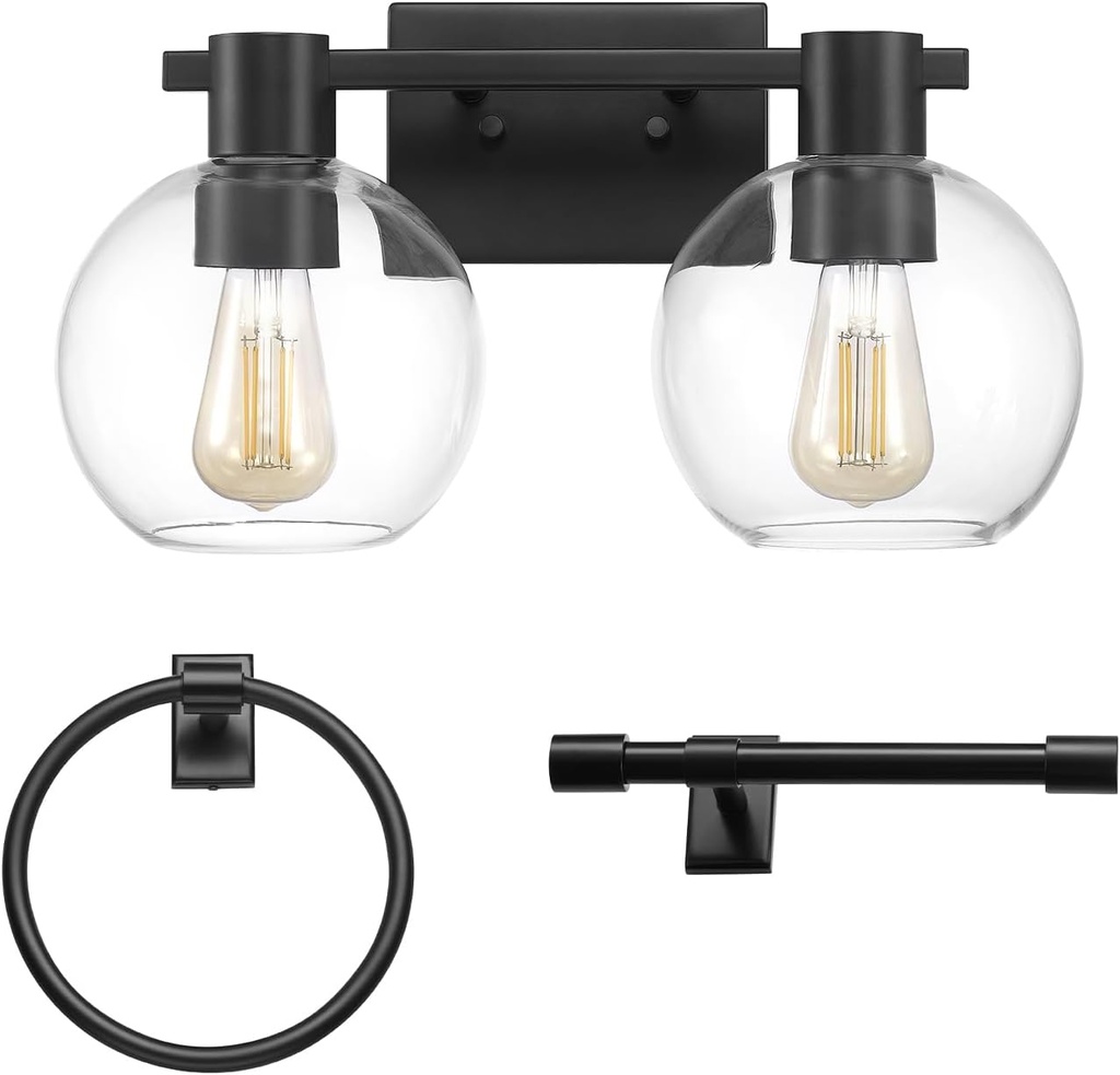 GLOBE Electric 63000057 3-Piece All-in-One Bathroom Set, Matte Black, 15" 2-Light Vanity Light, Clear Glass Shades, Toilet Paper Holder, Towel Ring, Bathroom Lights Over Mirror, Powder Room Lighting