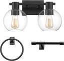 GLOBE Electric 63000057 3-Piece All-in-One Bathroom Set, Matte Black, 15" 2-Light Vanity Light, Clear Glass Shades, Toilet Paper Holder, Towel Ring, Bathroom Lights Over Mirror, Powder Room Lighting