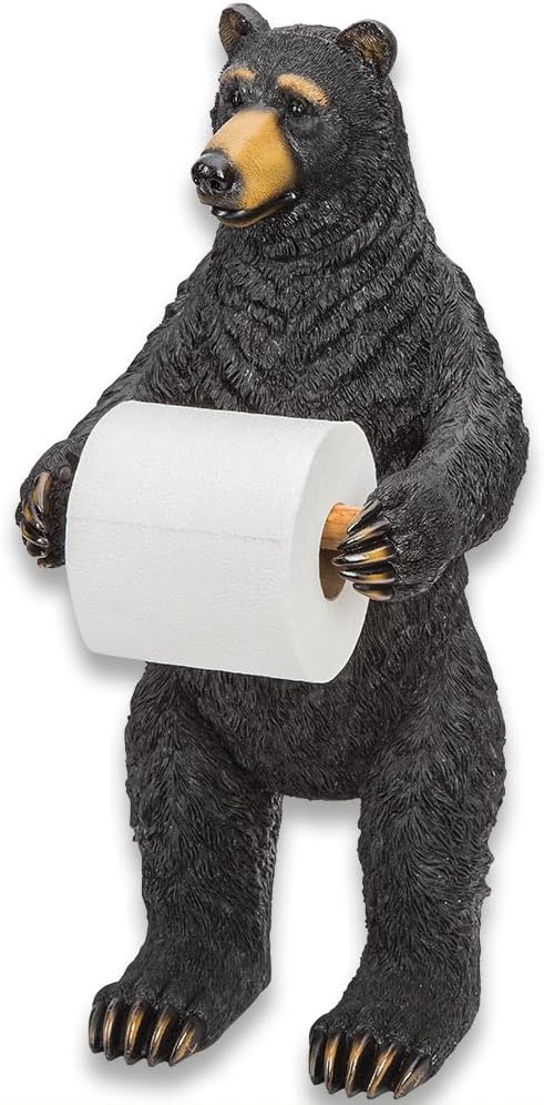 Bear Toilet Paper Holder | Hand-Painted Polyresin Sculpture | Holds Standard Toilet Paper Roll | Cabin or Lodge Bathroom Décor | 21 1/2" Overall Height