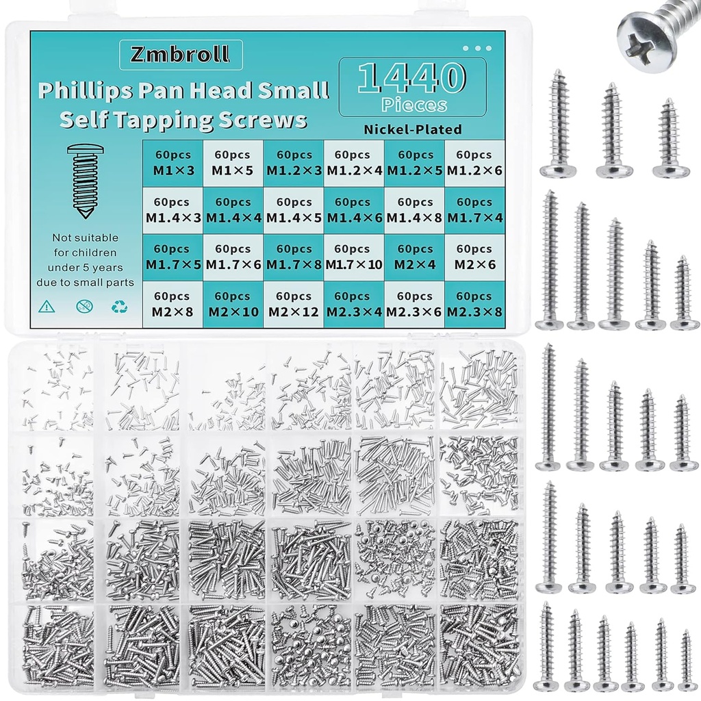 1440 Pcs Mini Screws - Self Tapping Phillip Pan Head Micro Electronic Screws, M1-M2.3 Silver, 24 Size Assortment