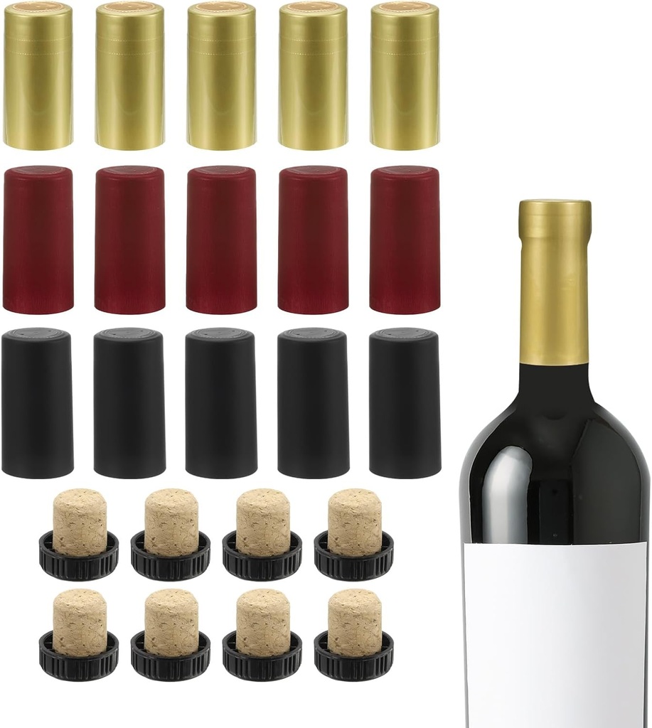 uxcell 120Pcs PVC Heat Shrink Capsules with 40Pcs T-Shaped Cork Wine Stopper Wine Bottle Sealer Wrap Caps with Tear-off Tab for Wine Glass Bottle, Wine Cellar, 30x60mm, Yellow/Red/Black