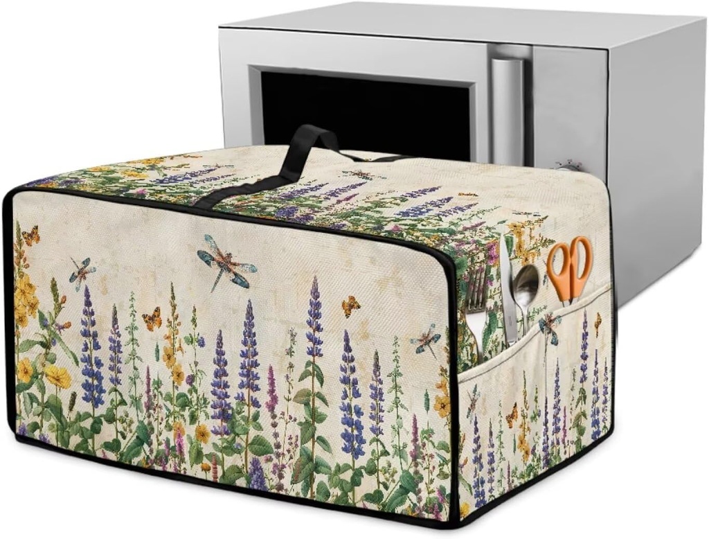 Lavender Print Toaster Oven Dust Cover, Heat Resistant Microwave Oven Cover with Top Handle, Washable Small Appliance Covers for Kitchen Counter (Medium-16.1*19.71*10 inches, Beige)