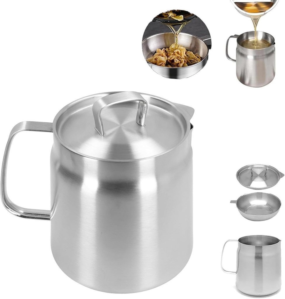 (Filter not included) Stainless Steel Oil Filter Pot, Oil Separator with Filter Cover, Large Capacity Oil Filter Vessel Bacon Grease Container, Frying net Tank for Kitchen Frying (1.5L)