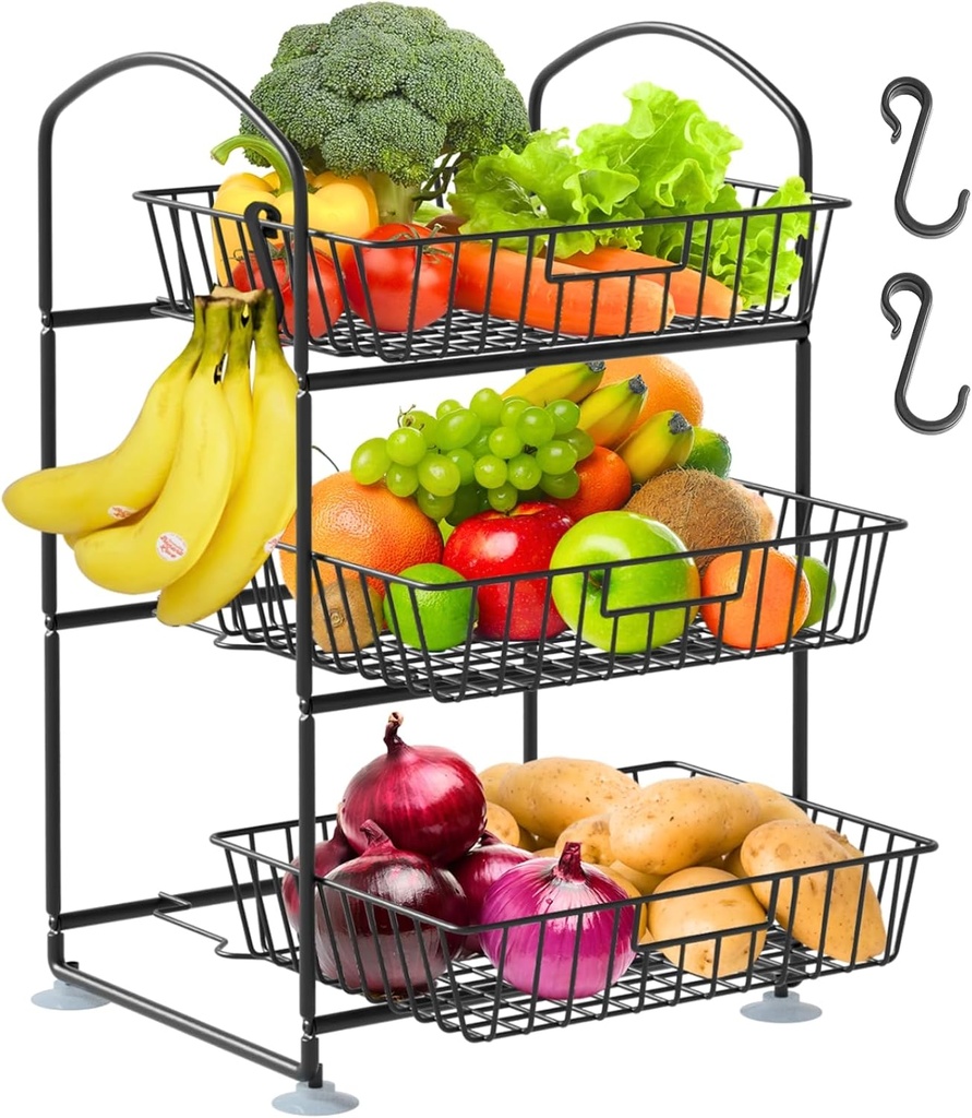 3 Tier Wire Baskets with 2 Banana Hangers, Detachable Countertop Fruit Vegetable Basket for Pantry Organization and Storage, Kitchen Counter Basket Stand for Storage Potato Onion Bread Snack Veggie