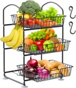 3 Tier Wire Baskets with 2 Banana Hangers, Detachable Countertop Fruit Vegetable Basket for Pantry Organization and Storage, Kitchen Counter Basket Stand for Storage Potato Onion Bread Snack Veggie