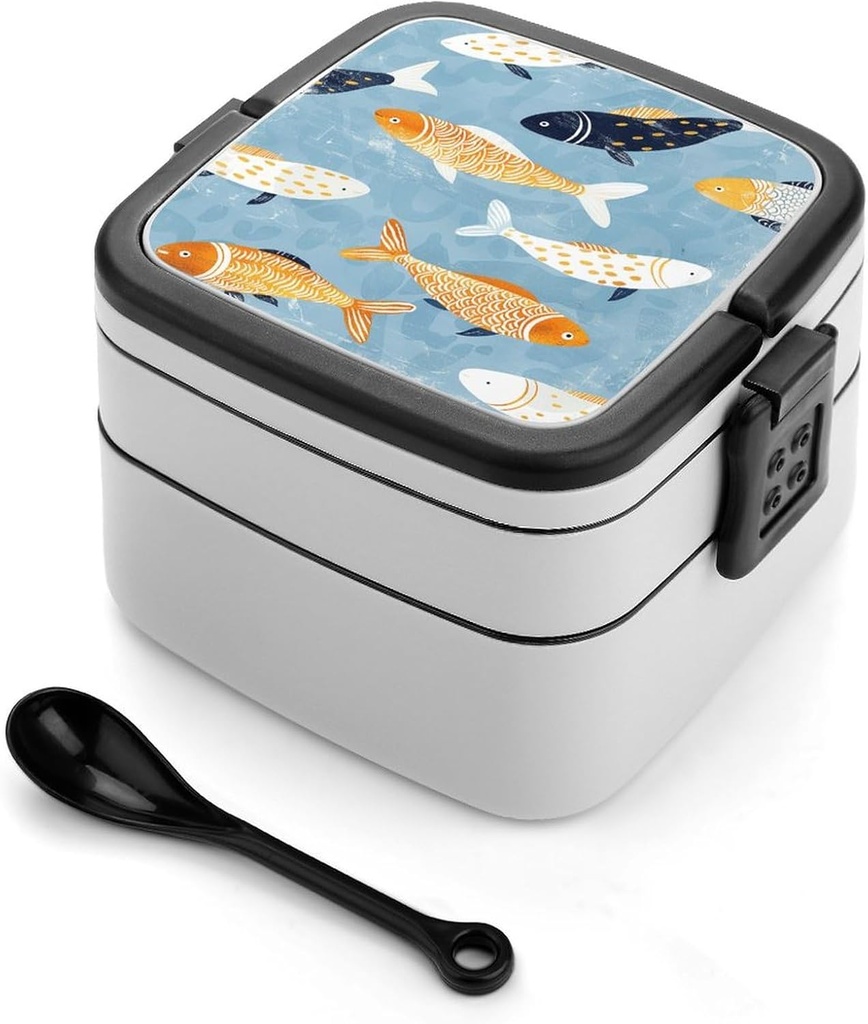 Fish Hand Drawn Bento Box Adult Lunch Box All-in-One Lunch Containers with Removable Compartments Double Layer Bento Lunch Box with Spoon And Handle Stackable Lunchbox