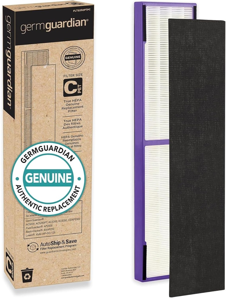 Germ Guardian FLT5250PT True HEPA Genuine Air Purifier Replacement Filter C, with Pet Pure Treatment for GermGuardian AC5250PT, AC5000E, AC5300B, AC5350W, AC5350B, CDAP5500, and More