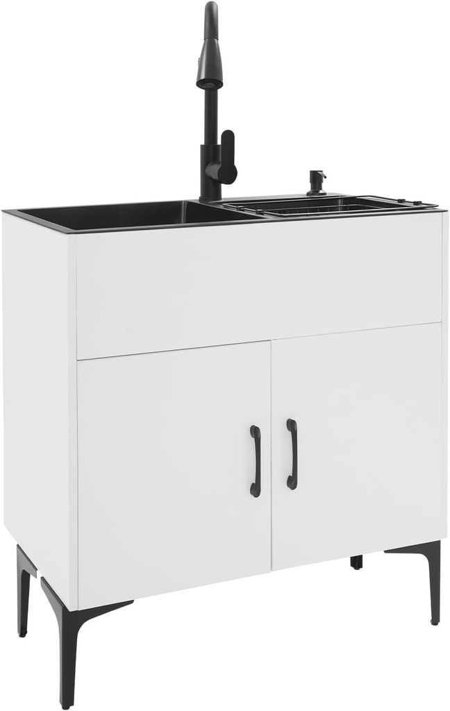 Stainless Steel Laundry Sink with Pull-Out Faucet & Cabinet - Dual Basin 30" Utility Sink Set | X-Drain System & Anti-Condensation Coating for Kitchen/Commercial Use (Black+White)