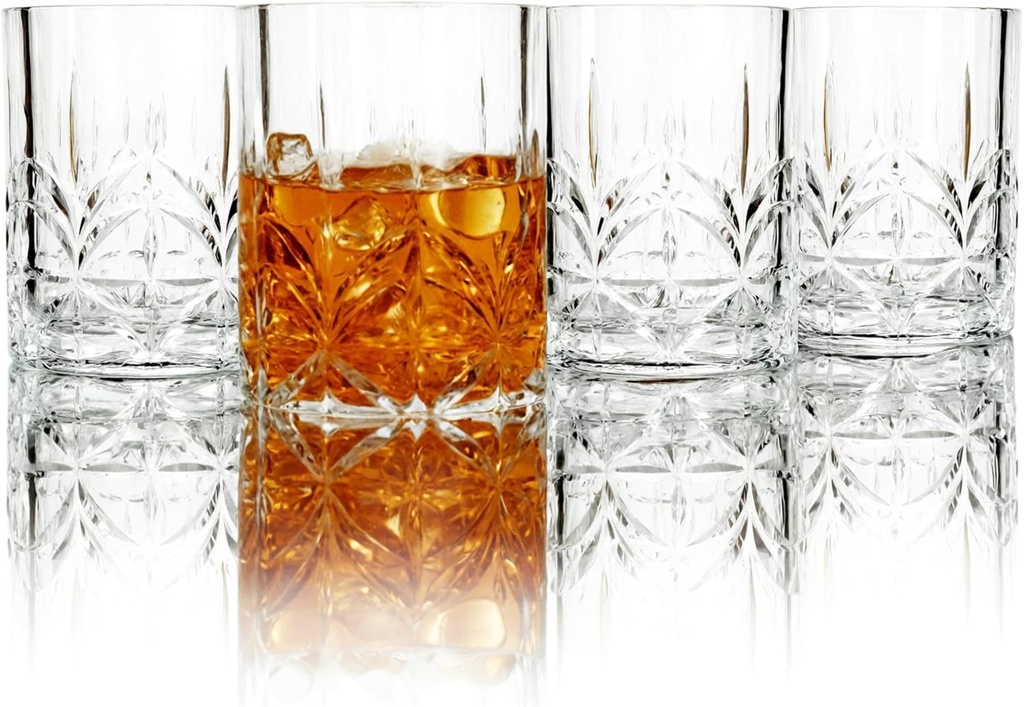 Lily's Home Unbreakable Acrylic Double Old Fashioned Whiskey Tumblers, Drinking Glasses for Liquor,Rum-Premium Shatterproof Glasses, ideal for indoor/outdoor,are reusable & crystal clear-13oz Set of 4