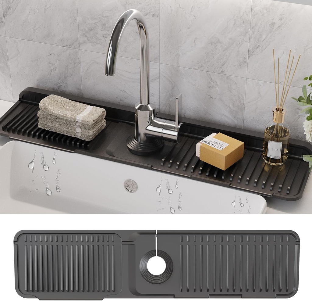 WAFT YEARN 24X5 Inch Silicone Durable Faucet Mat Kitchen Sink Splash Guard Draining Protector Tray Liner Absorbent Protective Counter Accessories For Sink Kitchen Bathroom Laundry Room Bar & RV Black