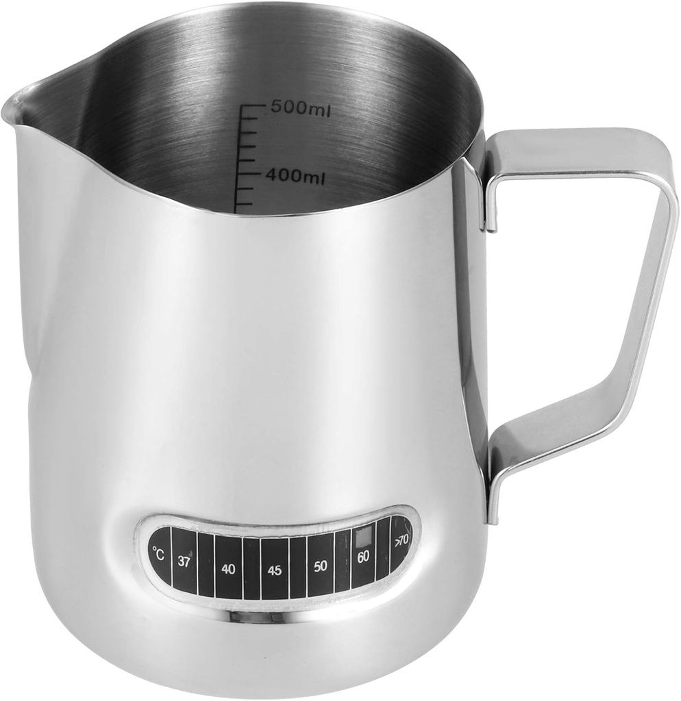 20oz/500ml Milk Frothing Pitcher with with Integrated Thermometer, Stainless Steel Espresso Steaming Pitcher with Measuring Scales for Making Coffee Cappuccino Latte Art