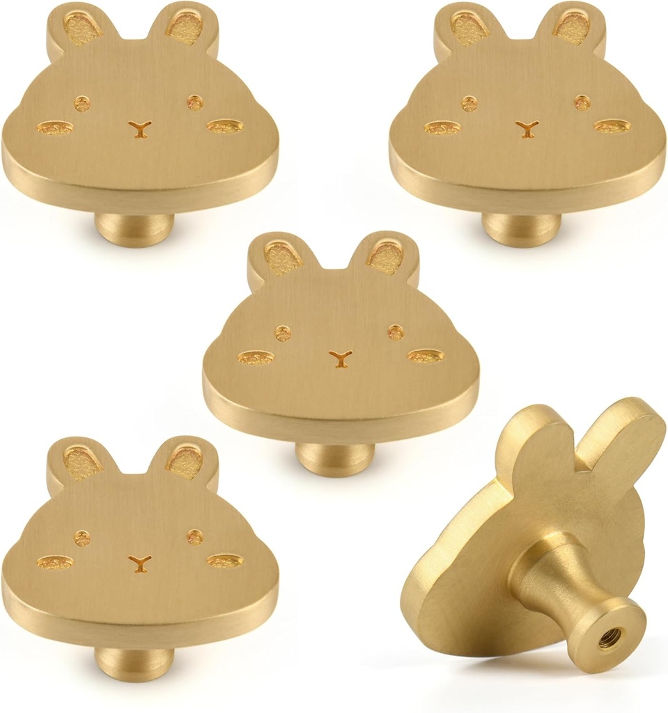 5 Pack Solid Brass Cartoon Rabbit Cabinet knob, Children's Dressing Table, Desk, Bookshelf, Drawer, Wardrobe, Gold Single Hole Handle