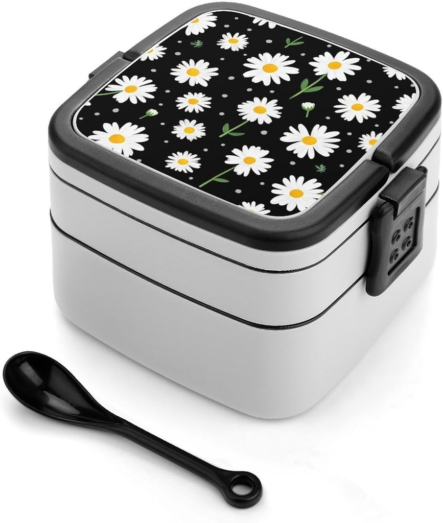 Fashion Reusable Leak Resistant Bento Lunch Box, Double Layer Bento Box, Adult Lunch Box For Dining Out, Work, Picnic Daisy Flower Floral Polka Dot
