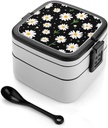 Fashion Reusable Leak Resistant Bento Lunch Box, Double Layer Bento Box, Adult Lunch Box For Dining Out, Work, Picnic Daisy Flower Floral Polka Dot