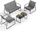 Gizoon 4 Piece Patio Furniture Set, Outdoor Conversation Set, with Glass Coffee Table, Loveseat, 2 Single Chairs, All Weather Textile Fabric, for Backyard, Balcony, Lawn, Garden, Poolside, Grey