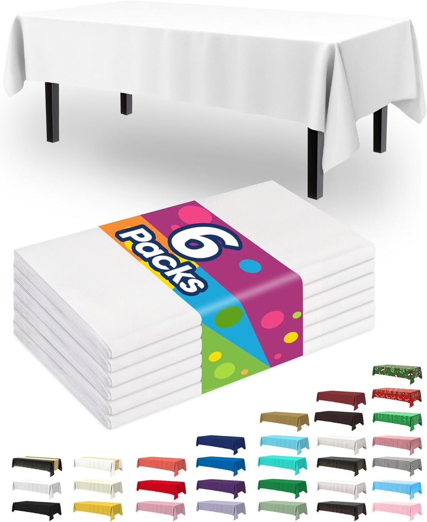 Pureegg Plastic Table Cloth Disposable 6 Pack, 54 x 108 Inch Table Cloths, Party, Picnic, Wedding, Decorative Tablecloths, Rectangle, White Plastic Cover, Waterproof, White