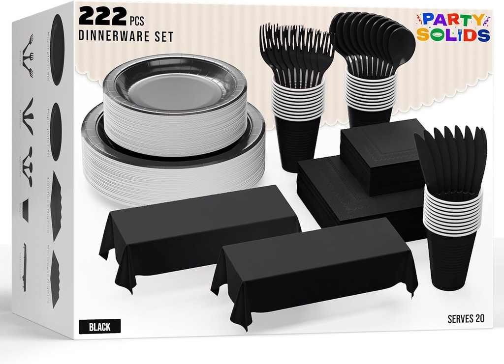 222 Pcs Black Paper Plates and Napkins Sets, Disposable Plates For Party, Lunch & Cocktail Napkins Paper, 18oz Plastic Cups, Cutlery and Black Table cloth Plastic Dinnerware Set