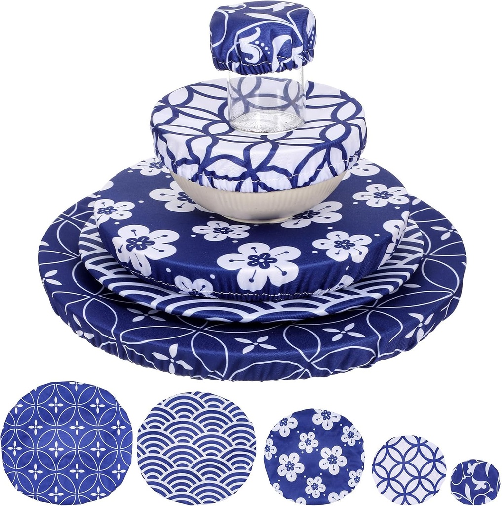 5 Pcs Bowl Covers Reusable in 5 Sizes- Elastic Lids for Proofing and Freshness, Stretchable Cloth Fabric Bowl Covers for Food Storage, Bread, Sourdough, Fruits and Leftovers(Blue)