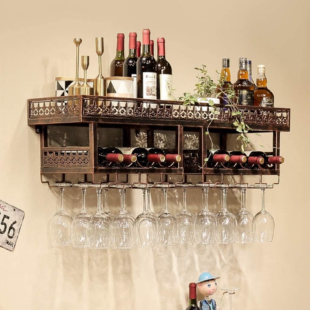 Industrial Vintage 2-Tier Wine Racks Wall Mounted, Rustic Metal Hanging Wine Bottle Holder Goblet Stemware Rack, Wall Wine Holder for Bar Wine Cellar Kitchen (Size : 100×30cm)
